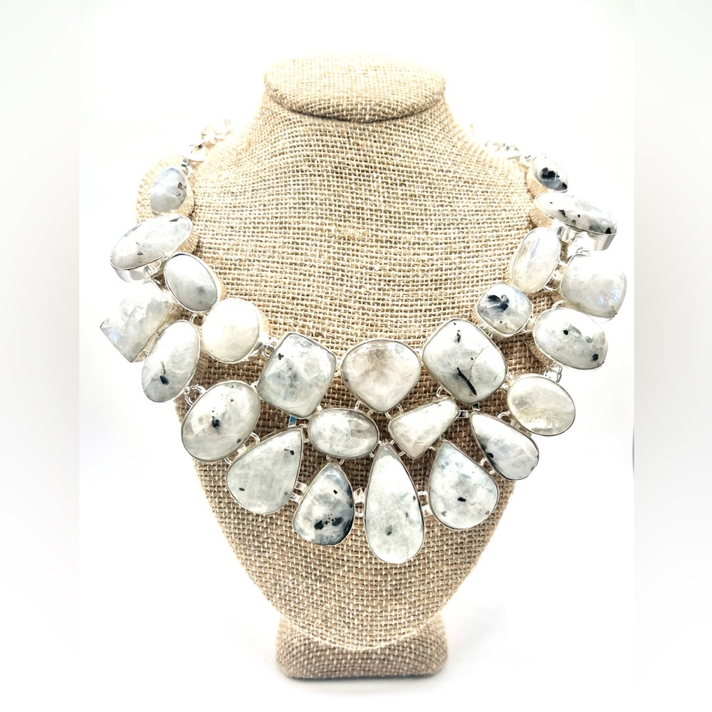 White,Dark Inclusion Moonstone Gemstone Necklace 18”-19”